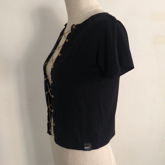 NWT O Mighty Midnight Xtina Tee sexy Chains Lace up cut out Crop top Medium - Picture 7 of 11